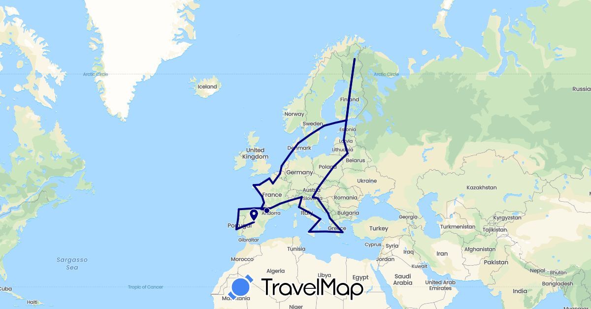 TravelMap itinerary: driving in Albania, Austria, Belgium, Denmark, Estonia, Spain, Finland, France, Greece, Croatia, Italy, Lithuania, Latvia, Montenegro, Netherlands, Poland, Portugal, Sweden, Slovenia (Europe)